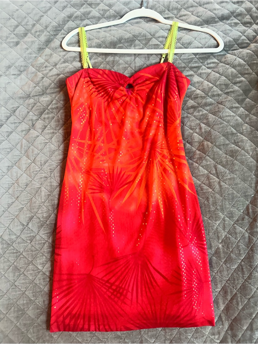 Express Red Tropical-Print Mini Dress with Lime Contrast Straps